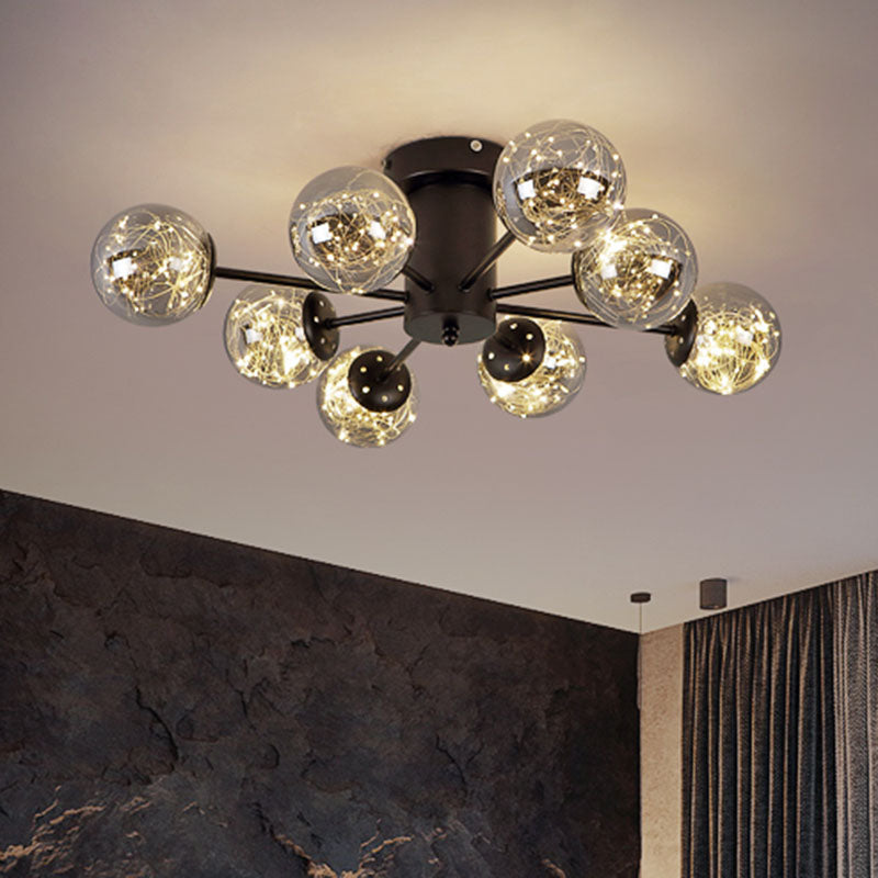 Radial Living Room Semi Flush Mount Smoke Grey Glass Contemporary Ceiling Light Fixture in Black