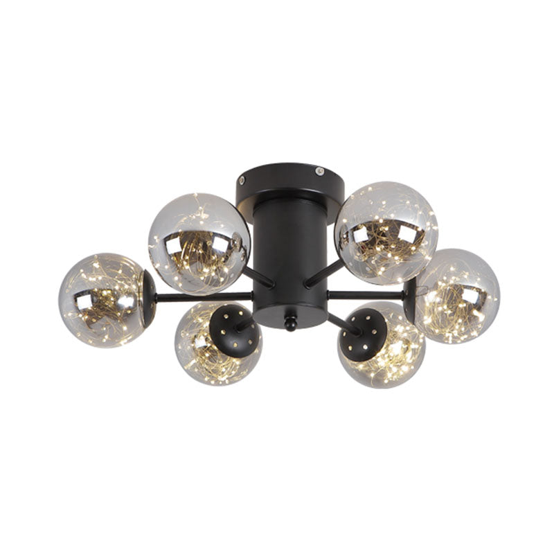 Radial Living Room Semi Flush Mount Smoke Grey Glass Contemporary Ceiling Light Fixture in Black