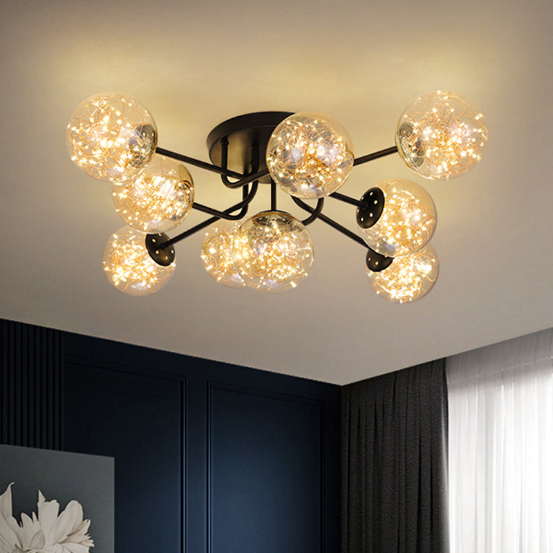 Sputnik Metall Deckenlampe Moderne sternenklinische LED Black Semi Flush mit globalem Glasschatten
