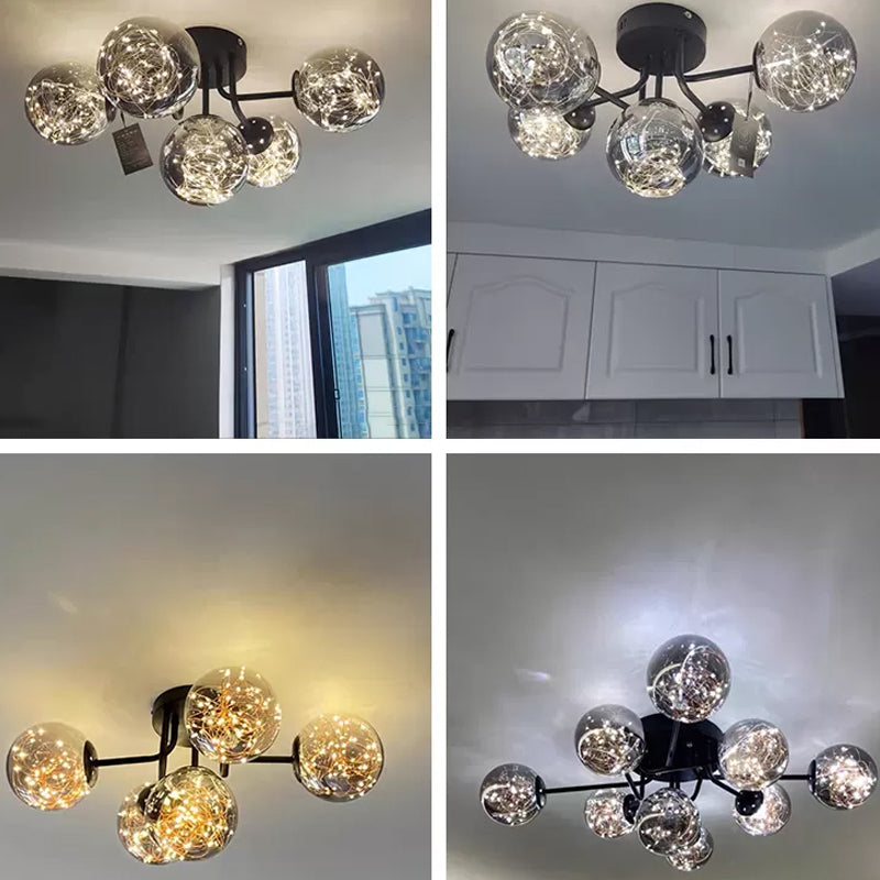 Sputnik Metall Deckenlampe Moderne sternenklinische LED Black Semi Flush mit globalem Glasschatten