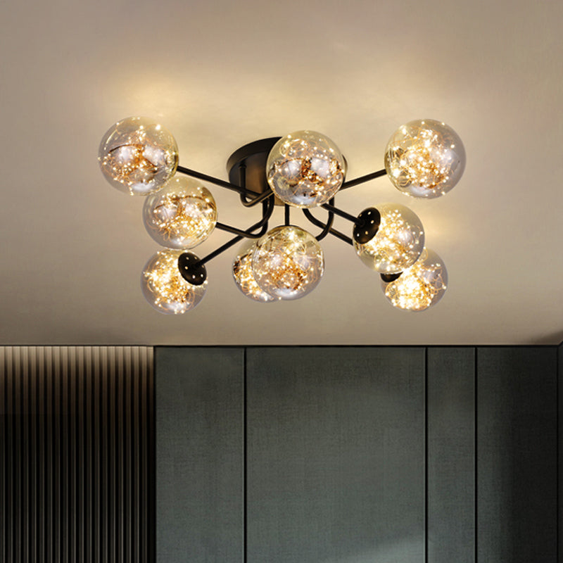 Sputnik Metall Deckenlampe Moderne sternenklinische LED Black Semi Flush mit globalem Glasschatten
