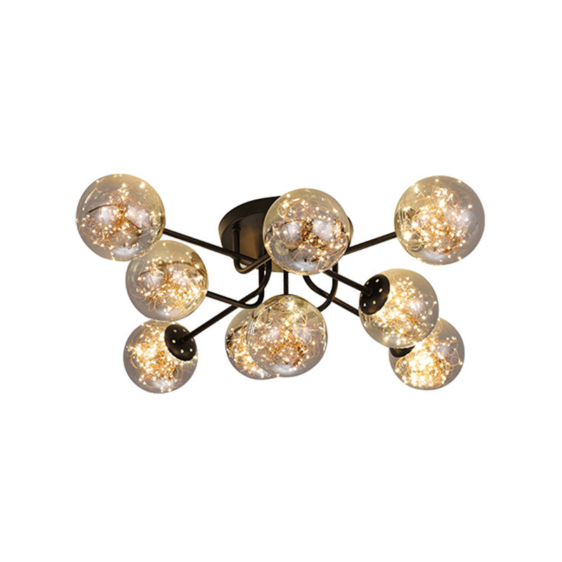 Sputnik Metall Deckenlampe Moderne sternenklinische LED Black Semi Flush mit globalem Glasschatten