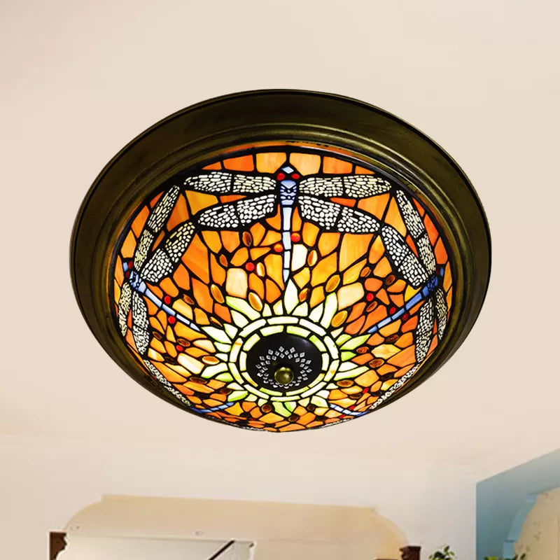 Dragonfly Ceiling Light Fixture 19.5"/15" Width Rustic Loft Stained Glass Indoor Flush Mount Light in Orange