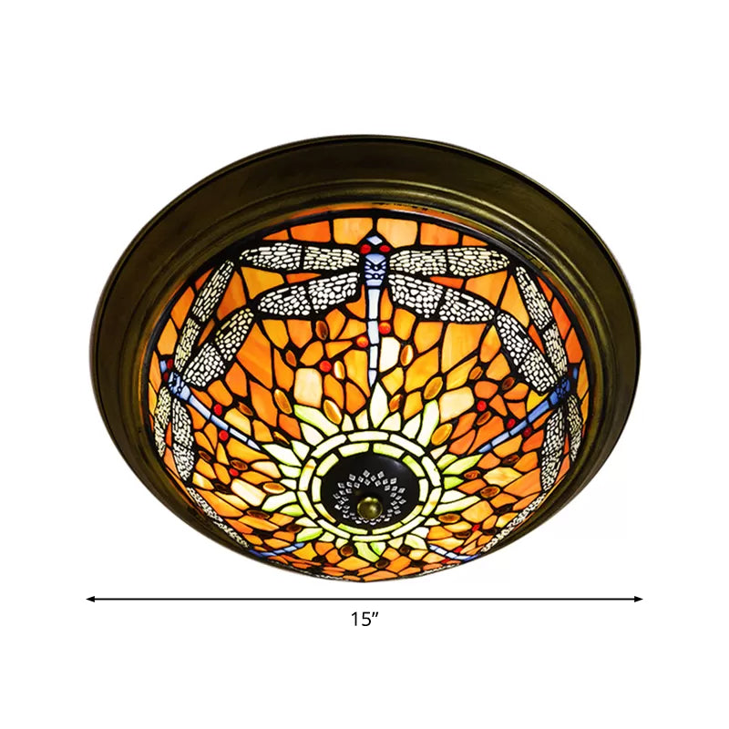 Dragonfly Ceiling Light Fixture 19.5"/15" Width Rustic Loft Stained Glass Indoor Flush Mount Light in Orange