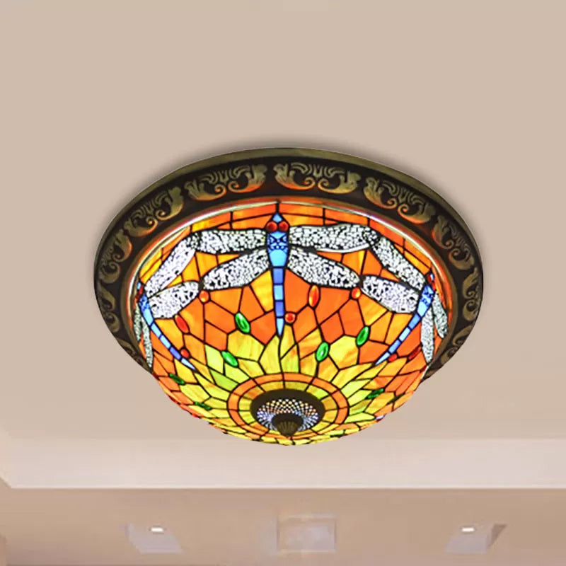 Dragonfly Ceiling Light Fixture 19.5"/15" Width Rustic Loft Stained Glass Indoor Flush Mount Light in Orange