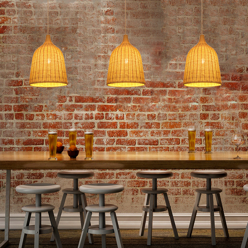 Hand Made Bamboo Bucket Hanging Lamp Rustic Single Bulb Pendant Light Fixture in Beige