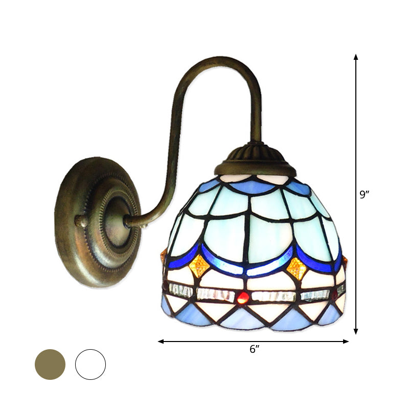 Blue Dome Wall Light Fixture Baroque 1 Head Stained Glass Wall Lighting Ideas with Curved Arm