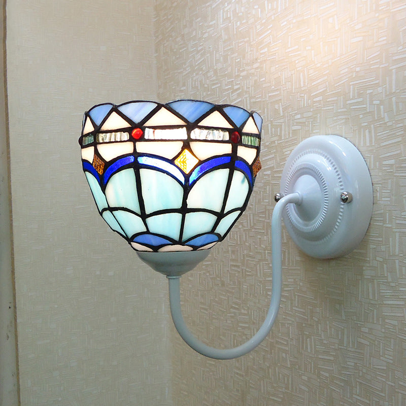 Blue Dome Wall Light Fixture Baroque 1 Head Stained Glass Wall Lighting Ideas with Curved Arm