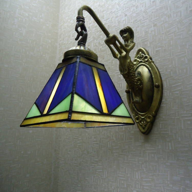 Trapezoid Wall Mount Light Fixture Tiffany Bronze Cut Glass Wall Lighting with Mermaid Arm
