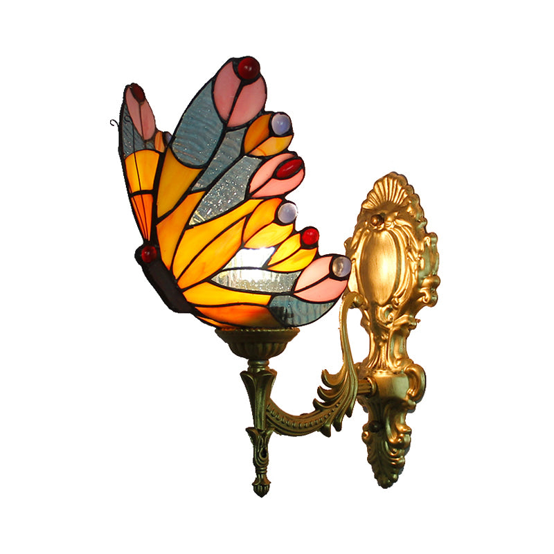 Curved Arm Stained Glass Wall Sconce Light Tiffany 1 Head Wall Mount Lamp with Geometry Shade