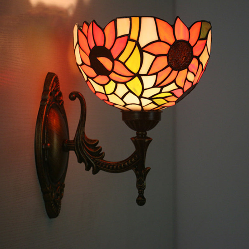 1 Head Corridor Wall Sconce Light Mediterranean Brass Wall Lighting with Geometry Cut Glass Shade