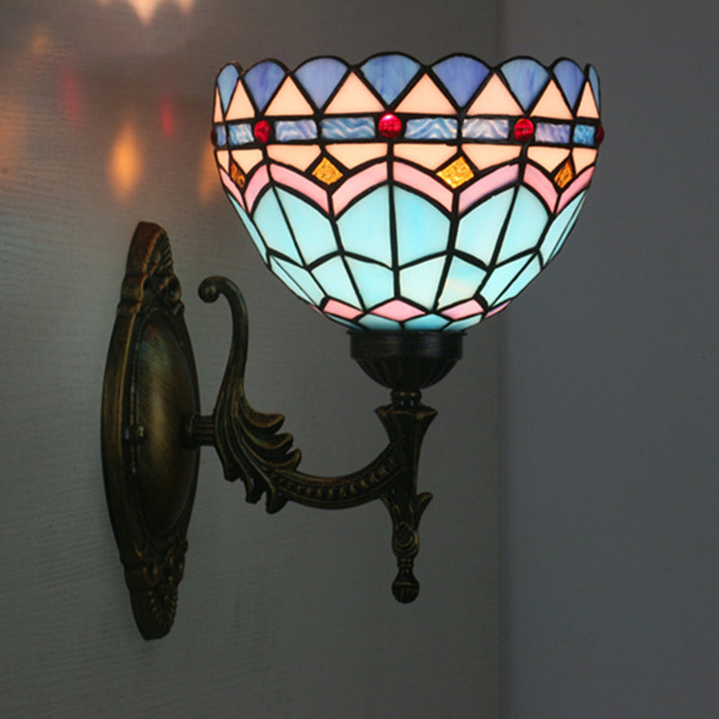 1 Head Corridor Wall Sconce Light Mediterranean Brass Wall Lighting with Geometry Cut Glass Shade