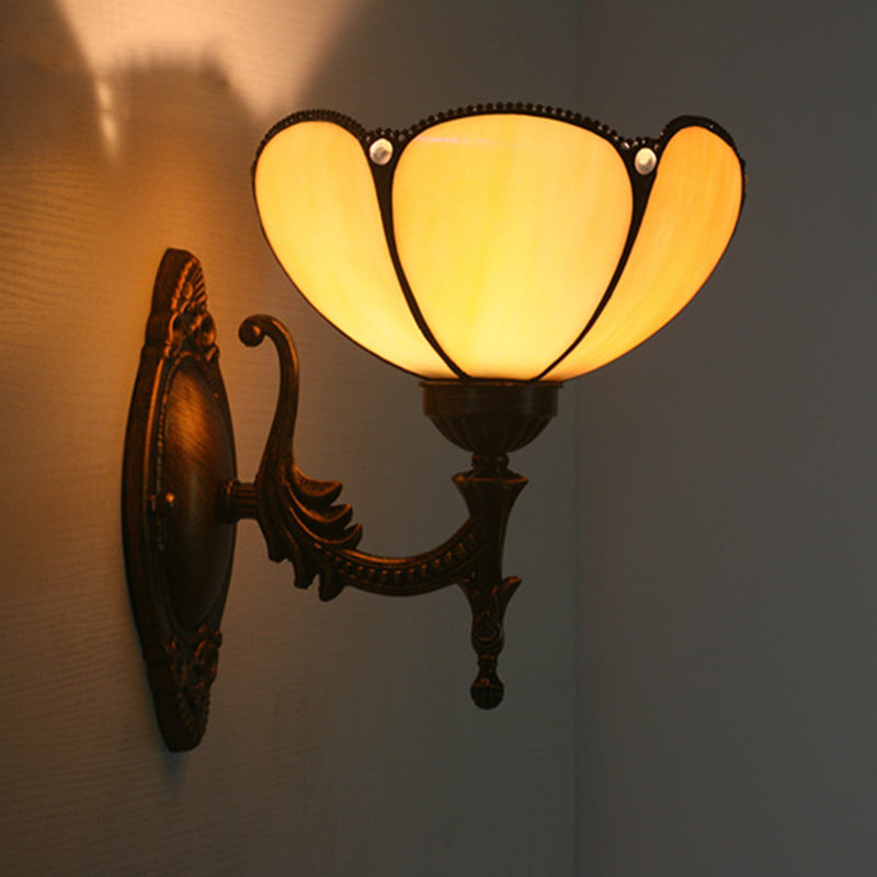 1 Head Corridor Wall Sconce Light Mediterranean Brass Wall Lighting with Geometry Cut Glass Shade