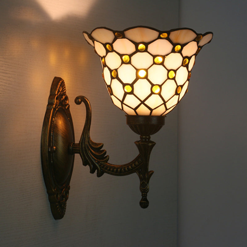 1 Head Corridor Wall Sconce Light Mediterranean Brass Wall Lighting with Geometry Cut Glass Shade