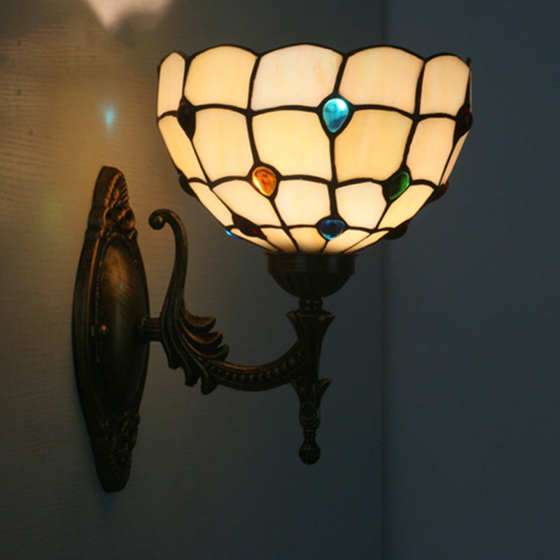 1 Head Corridor Wall Sconce Light Mediterranean Brass Wall Lighting with Geometry Cut Glass Shade