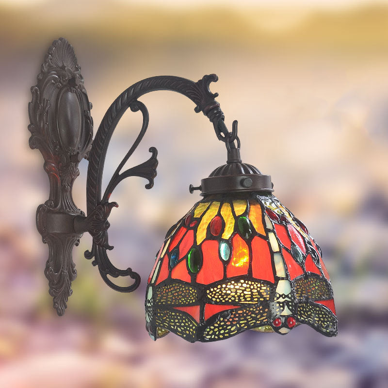 Victorian Dome Sconce Light Fixture 1 Bulb Red Cut Glass Wall Mount Lamp with Dragonfly Pattern