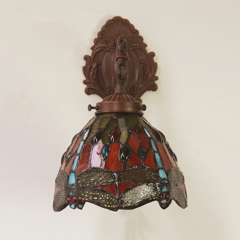 Victorian Dome Sconce Light Fixture 1 Bulb Red Cut Glass Wall Mount Lamp with Dragonfly Pattern