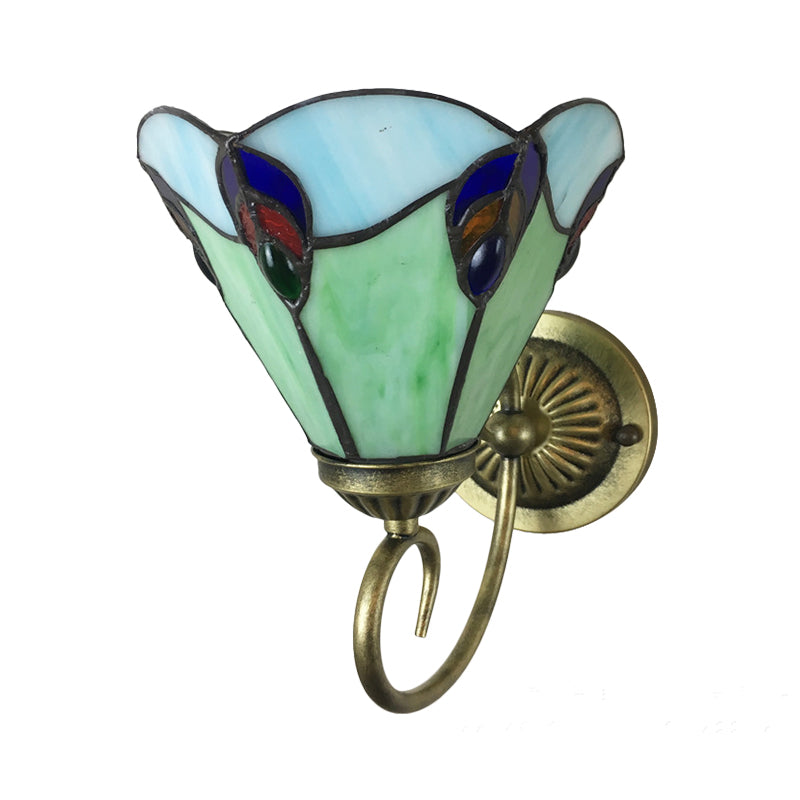 Metal Brass Wall Sconce Swirled Arm 1-Light Tiffany Wall Hanging Light with Geometry Cut Glass Shade