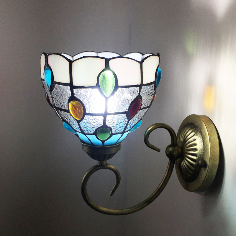 Metal Brass Wall Sconce Swirled Arm 1-Light Tiffany Wall Hanging Light with Geometry Cut Glass Shade