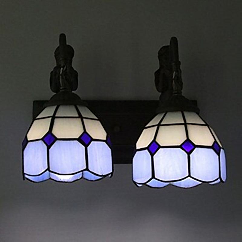 Lattice Dome Wall Light Fixture Baroque Blue Stained Glass 2 Lights Black Wall Sconce Lighting