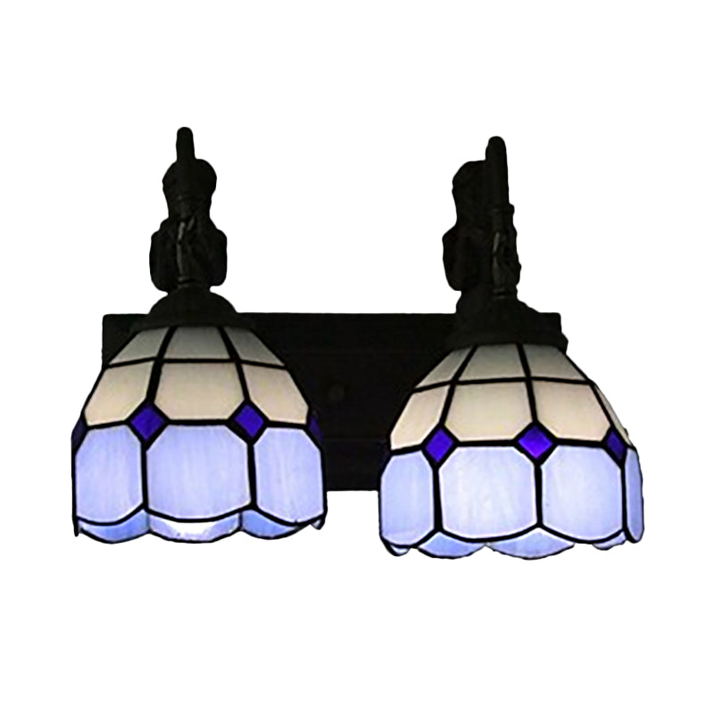 Lattice Dome Wall Light Fixture Baroque Blue Stained Glass 2 Lights Black Wall Sconce Lighting