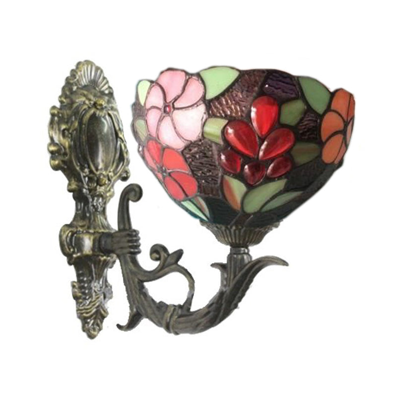 Tiffany Floral Bowl Wall Lamp Sconce Hand Cut Glass Wall Mount Lighting in Brass