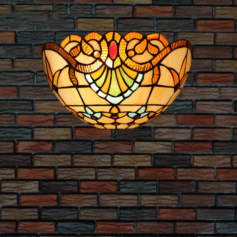 1-Head Flush Wall Sconce Tiffany Style Bowl Shade Stained Glass Wall Light Fixture