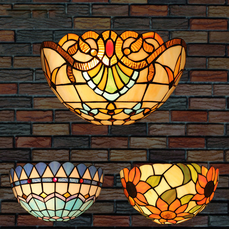1-Head Flush Wall Sconce Tiffany Style Bowl Shade Stained Glass Wall Light Fixture