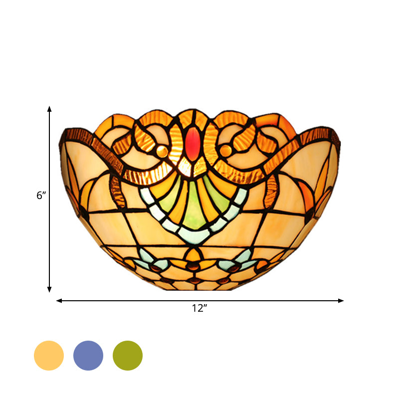 1-Head Flush Wall Sconce Tiffany Style Bowl Shade Stained Glass Wall Light Fixture