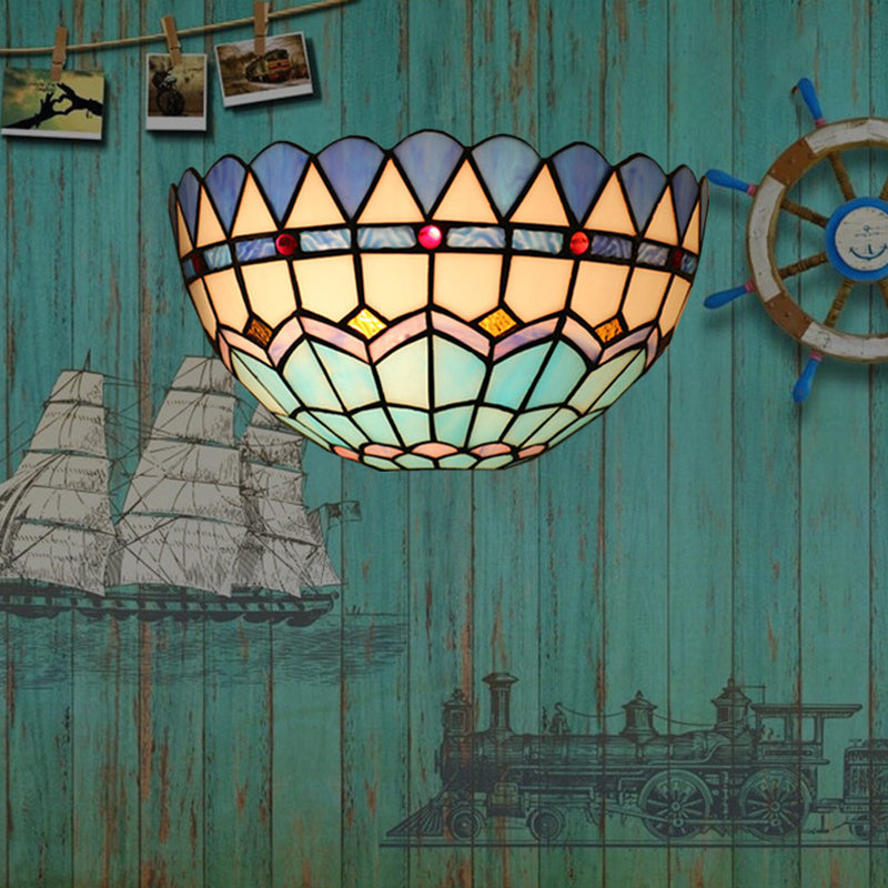1-Head Flush Wall Sconce Tiffany Style Bowl Shade Stained Glass Wall Light Fixture