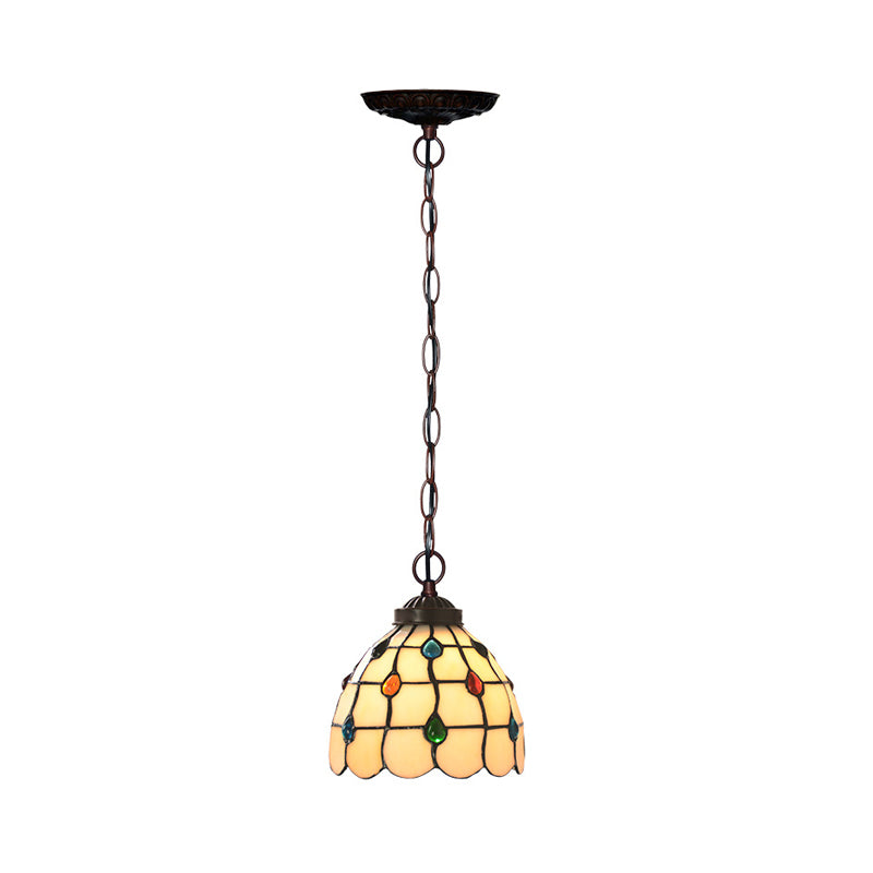 Wit glas koperen suspensie licht rooster koepel 1 licht Victoriaanse hangende lampkit met edelsteenpatroon