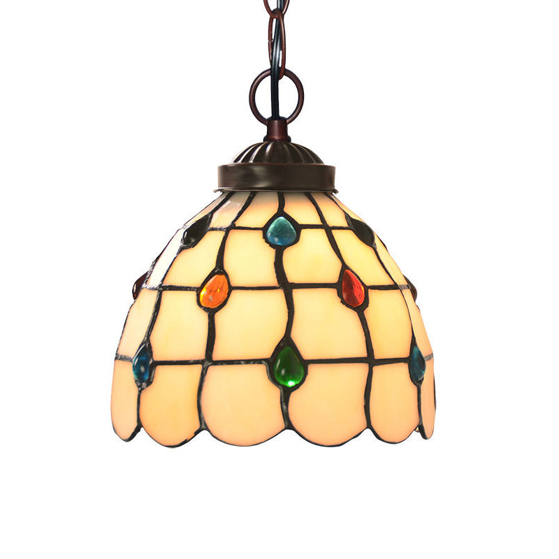 White Glass Copper Suspension Light Lattice Dome 1 Light Victorian Hanging Lamp Kit with Gem Pattern