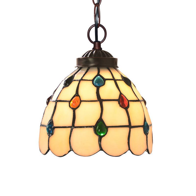 Wit glas koperen suspensie licht rooster koepel 1 licht Victoriaanse hangende lampkit met edelsteenpatroon