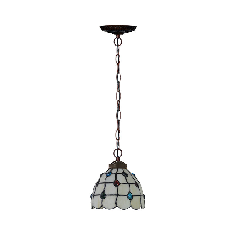 Wit glas koperen suspensie licht rooster koepel 1 licht Victoriaanse hangende lampkit met edelsteenpatroon
