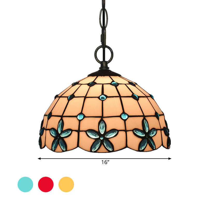 1-Head Hanging Light Kit Tiffany Lattice Bowl White Glass Jeweled Flower Pendant Lighting for Dining Room