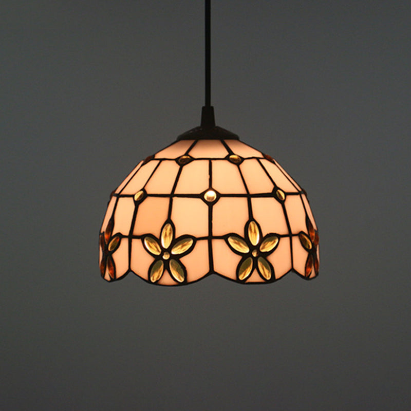 1-Head Hanging Light Kit Tiffany Lattice Bowl White Glass Jeweled Flower Pendant Lighting for Dining Room