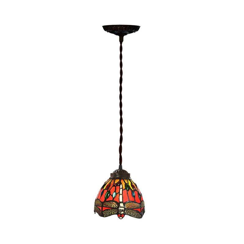 1-bulb eetkamer hanglight kit tiffany rode libel patroon hanglamp met koepel gekleurd glazen schaduw