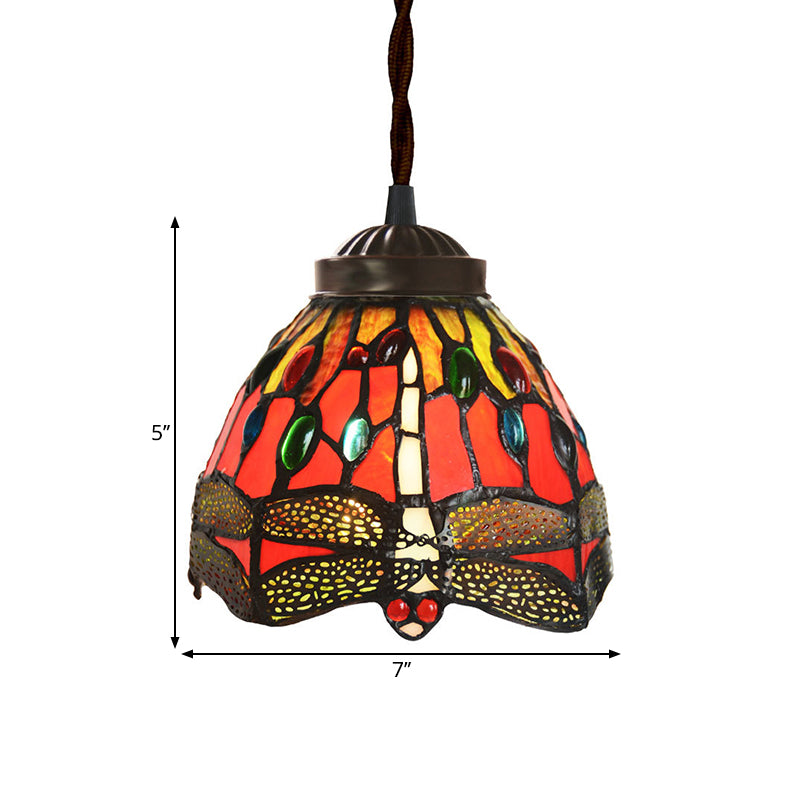 1-Bulb Dining Room Hanging Light Kit Tiffany Red Dragonfly Patterned Pendant Lamp with Dome Stained Glass Shade