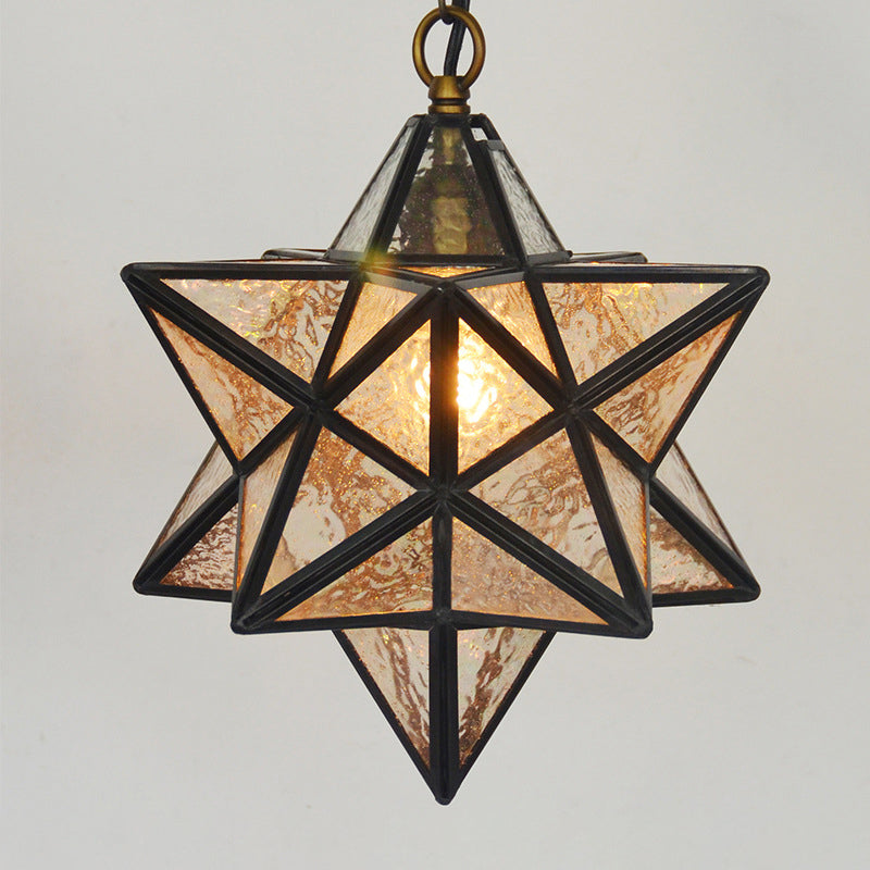 Star Pendant Light Fixture Mission Clear Ripple Glass 1-Light Black Drop Lamp for Dining Room