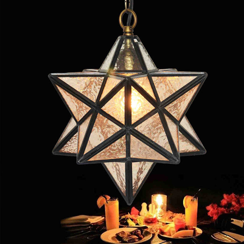 Star Pendant Light Fixture Mission Clear Ripple Glass 1-Light Black Drop Lamp for Dining Room