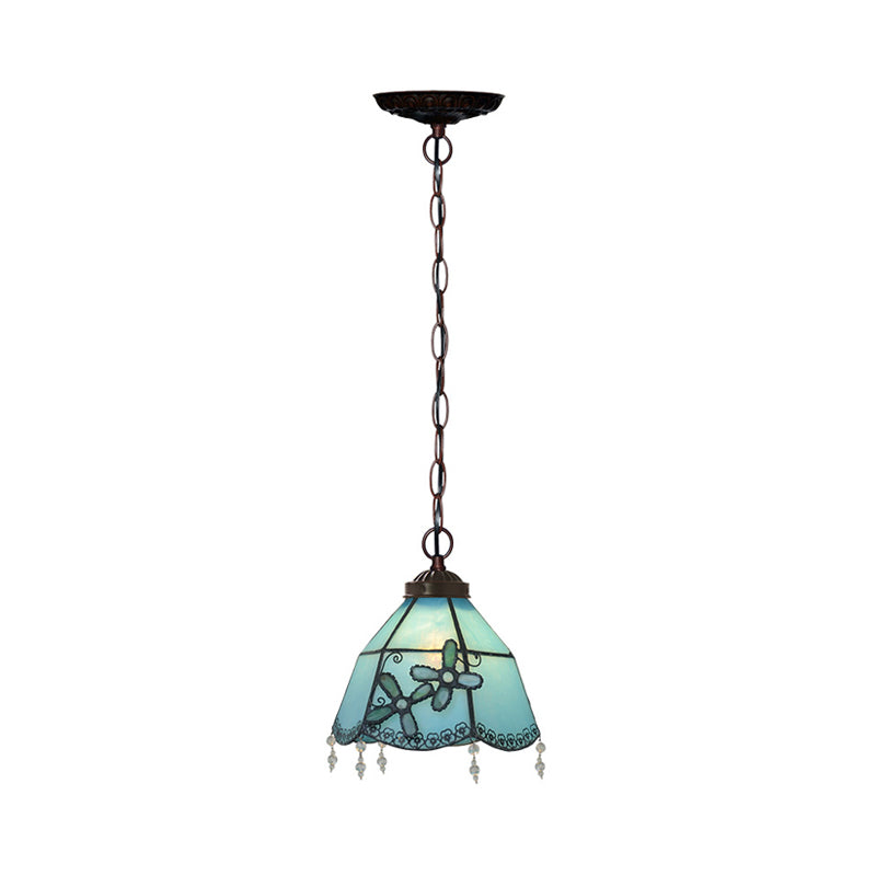 Mission Bell Hanging Pendant Light 1 Head Blue Glass Pendulum Lamp with Beaded Trim