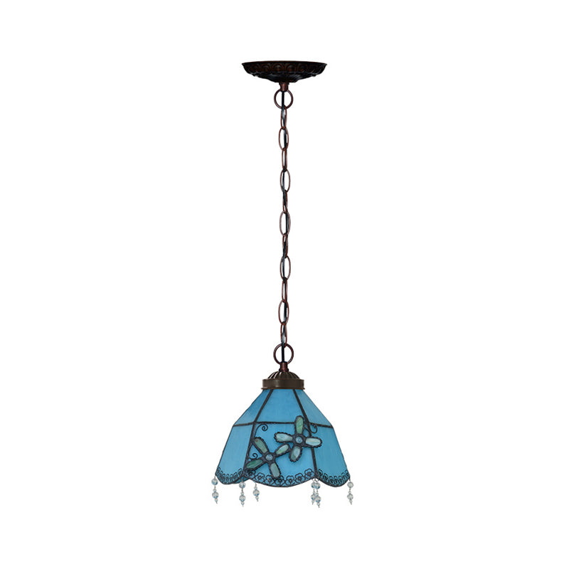 Mission Bell Hanging Pendant Light 1 Head Blue Glass Pendulum Lamp with Beaded Trim