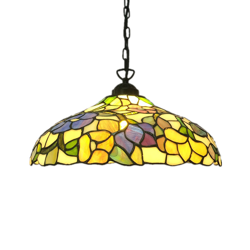Gesneden glazen schuur plafond hanger Victoriaans 1-licht geel hangend lichtarmatuur met bloemenpatroon
