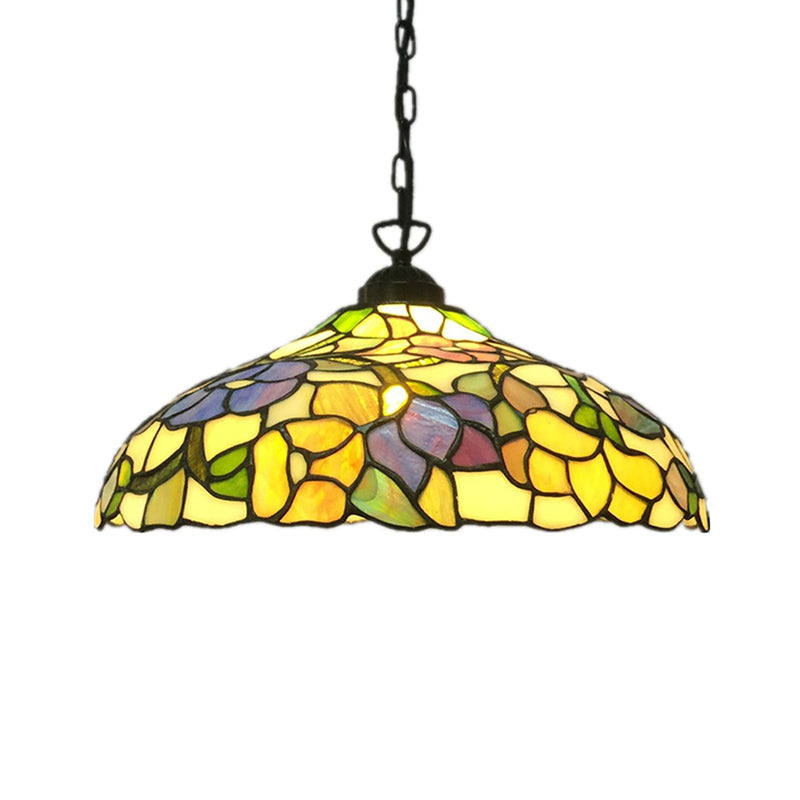 Cut Glass Barn Ceiling Pendant Victorian 1-Light Yellow Hanging Light Fixture with Floral Pattern