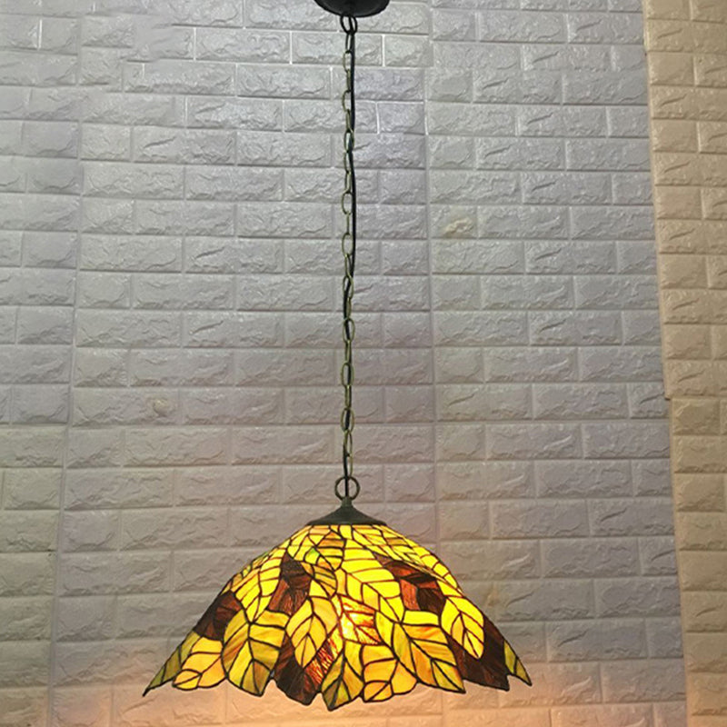 Yellow Cone Drop Pendant Baroque 1-Bulb Stained Art Glass Hanging Ceiling Light with Leaf Pattern