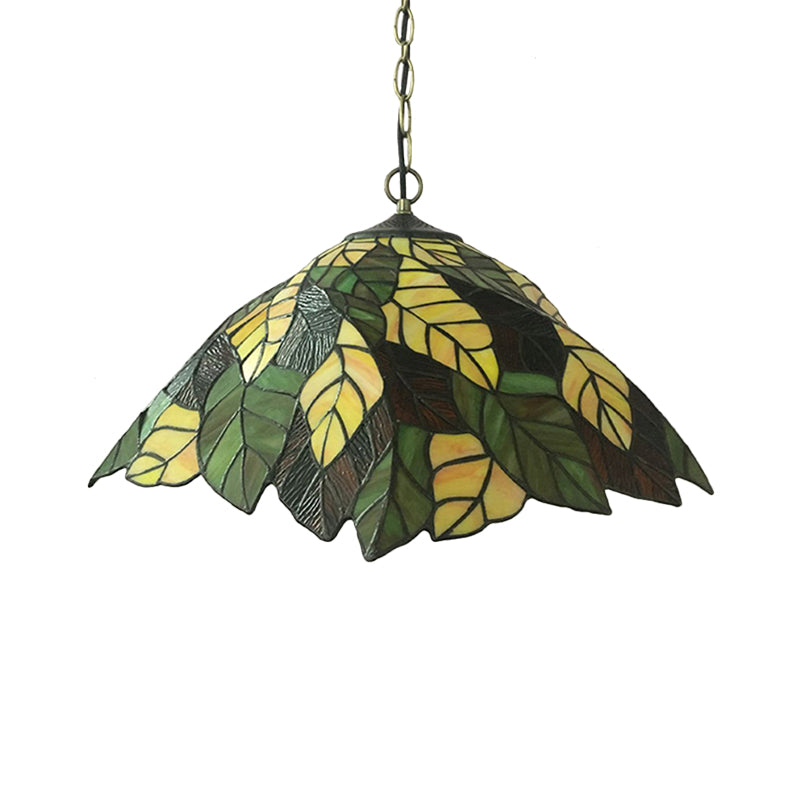 Yellow Cone Drop Pendant Baroque 1-Bulb Stained Art Glass Hanging Ceiling Light with Leaf Pattern