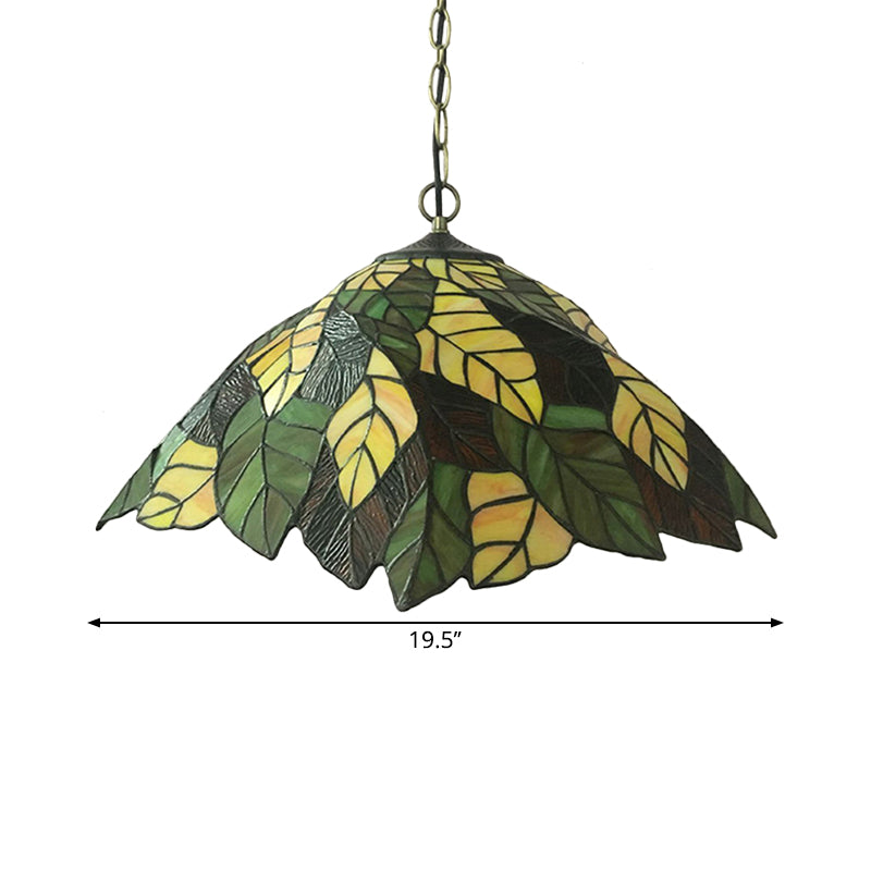 Yellow Cone Drop Pendant Baroque 1-Bulb Stained Art Glass Hanging Ceiling Light with Leaf Pattern