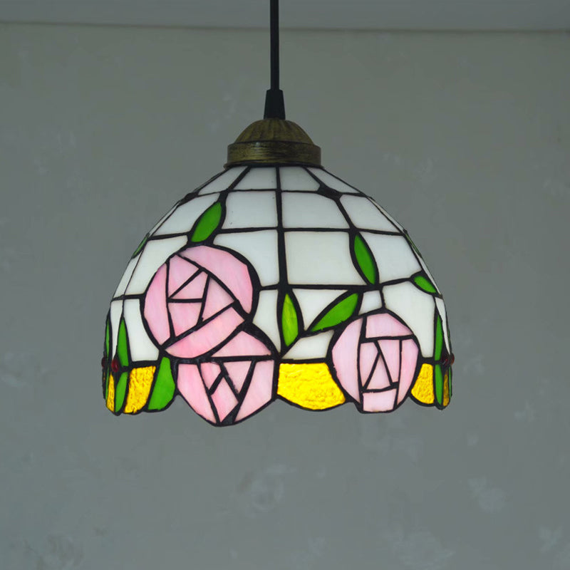 White Cut Glass Ceiling Hang Fixture Domed 1 Light Mediterranean Suspension Lighting with Rose Pattern