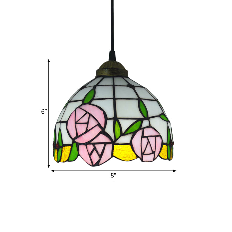 White Cut Glass Ceiling Hang Fixture Domed 1 Light Mediterranean Suspension Lighting with Rose Pattern