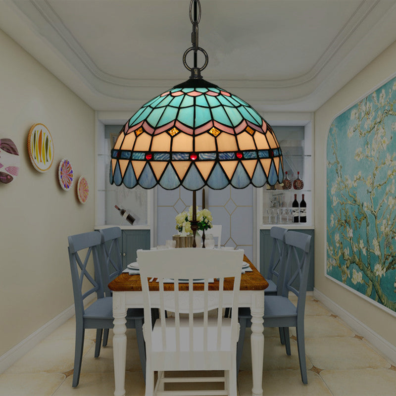 Lattice Bowl Pendulum Light Tiffany Stained Glass 1-Light Blue Suspension Lamp for Dining Room